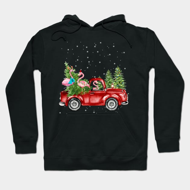 Christmas Three Flamingo Ride Red Truck Xmas Santa Hat Hoodie by webster